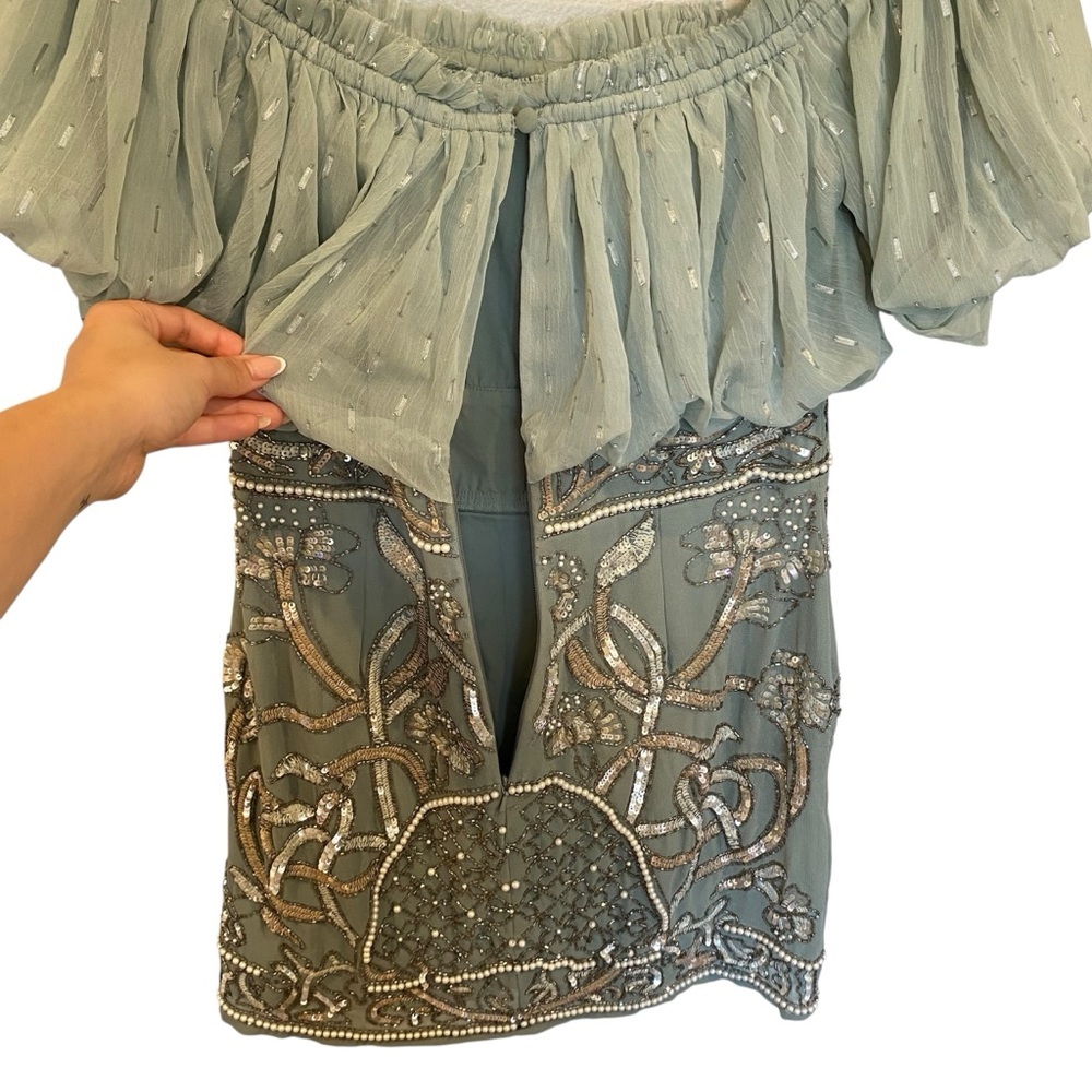 ASOS Design Blouson Bodice Off-Shoulder Mini Dress With Embellished Skirt - Picture 9 of 11